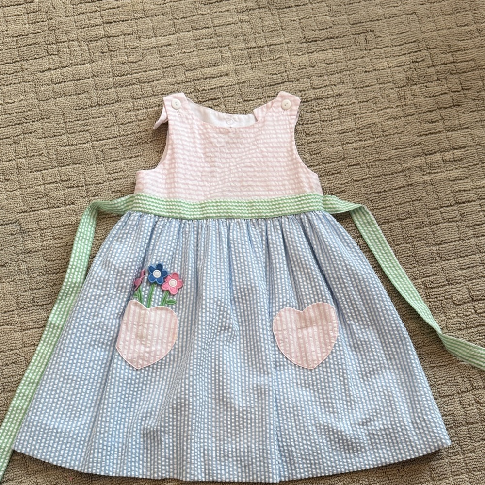 Florence Eiseman Girls Seersucker Dress w Heart Pockets size 4